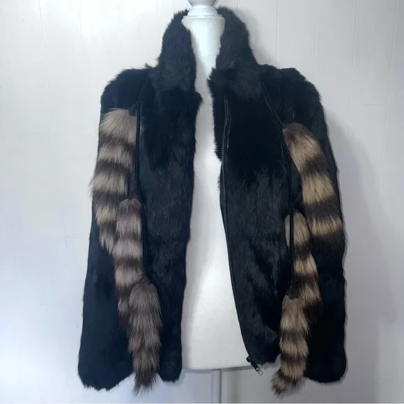 Rabbit Fur Zip Up Mob Wife Fur Coat With Tail Tassels Black M - Picture 12 of 15